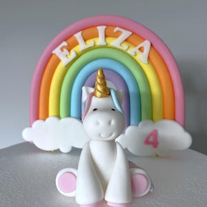 A white unicorn figurine with a golden horn sits in front of a rainbow-colored cake topper with the name "Eliza" written on it.