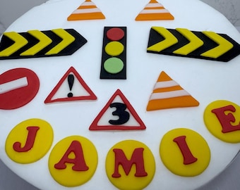 Edible cake topper set. Birthday cake decorations. Fondant road signs decorations