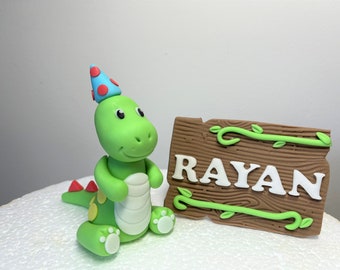 Personalised Dinosaur fondant cake topper set. Kids birthday cake decorations. Dinosaur party topper