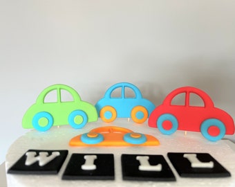 2D cars cake toppers set. Edible personalised boy birthday fondant cake topper. Handmade birthday decoration.