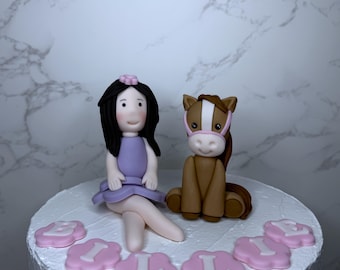 Personalised Fondant Horse and girl Cake Toppers, Handmade Horse Birthday Cake Decoration, Farm Animal Party, Custom Cake Topper