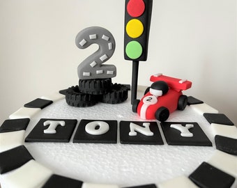 Racing cars cake toppers set. Edible personalised boy birthday fondant cake topper. Handmade birthday decoration.