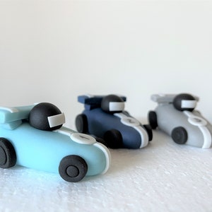 Racing cars sugar paste cake toppers. Edible personalised birthday fondant cake topper set. Handmade boy birthday decoration.