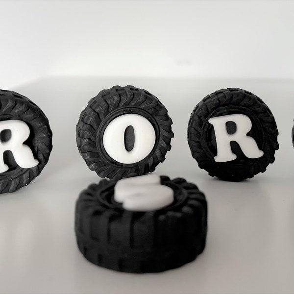 Sugarpaste tyres cake toppers. Edible fondant cake decoration. Edible boy birthday theme party.