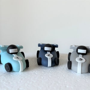 Racing cars sugar paste cake toppers. Edible personalised birthday fondant cake topper set. Handmade boy birthday decoration.