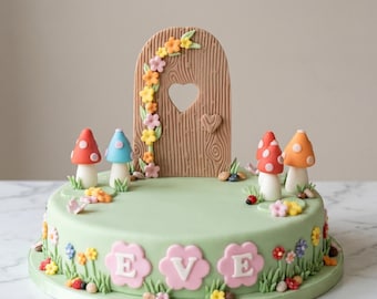 Fairy Garden Cake Topper Set: Essbare Fondant Tür und Pilze - Handgemacht