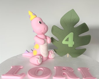 Adorno para tarta de dinosaurio rosa - Decoración de cumpleaños personalizada de fondant