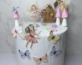 Edible Fairies and butterflies precut wafer cake topper set. Birthday cake topper set, baby shower decorations Enchanted forest theme party