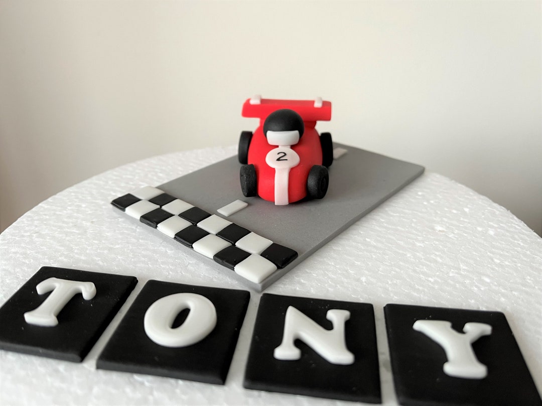 Racing Car Cake Toppers. Edible Personalised Birthday Fondant Cake