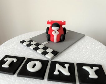 Racing car cake toppers set. Edible personalised birthday fondant cake topper set. Handmade birthday decoration.