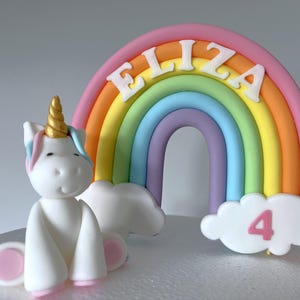 A white unicorn figurine with a golden horn sits in front of a colorful rainbow-colored arch with the name "ELIZA" written on it.