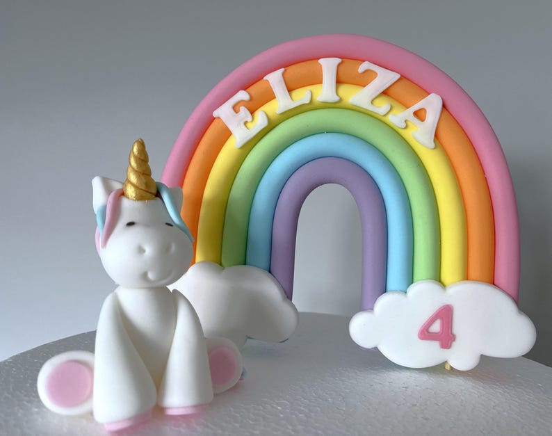 A white unicorn figurine with a golden horn sits in front of a colorful rainbow-colored arch with the name "ELIZA" written on it.