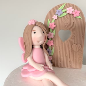 Personalised Fairy garden cake toppers set, Birthday cake decorations / Fondant Fairy decoration / Wooden door, Toadstools and flowers