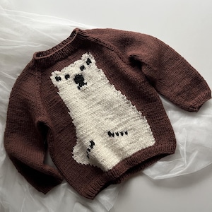 Puede incluir: Un suéter de punto marrón con un diseño de oso polar blanco. El suéter tiene mangas largas y cuello redondo.