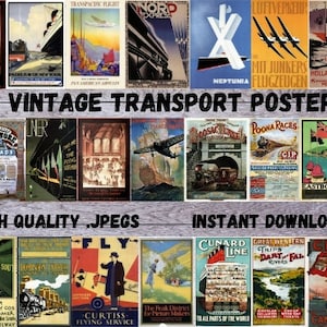 Op de afbeelding: Een collage van 60 vintage transportposters met afbeeldingen van treinen, vliegtuigen, schepen en auto's. De posters zijn in verschillende kleuren en stijlen en ze hebben allemaal een vintage esthetiek. De tekst op de posters omvat de namen van verschillende transportbedrijven, bestemmingen en slogans. De posters zijn in een rasterpatroon gerangschikt en ze zijn allemaal hoge kwaliteit JPEG's. De tekst onderaan de collage luidt "High Quality .JPEGS" en "Direct Downloaden".