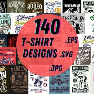 Puede incluir: Un collage de 140 diseños de camisetas con varios temas, que incluyen deportes, pasatiempos y actividades al aire libre. Los diseños son de estilo vintage con gráficos y texto en negrita.