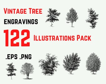 May include: A collection of 122 vintage tree illustrations in black and white. The illustrations are in .eps and .png format. The text "Vintage Tree Engravings 122 Illustrations Pack" is at the top of the image.