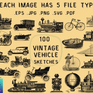 Puede incluir: Una colección de 100 bocetos de vehículos vintage, que incluyen trenes, coches, barcos, bicicletas y globos aerostáticos. Cada imagen está disponible en cinco tipos de archivos: EPS, JPG, PNG, SVG y PDF.
