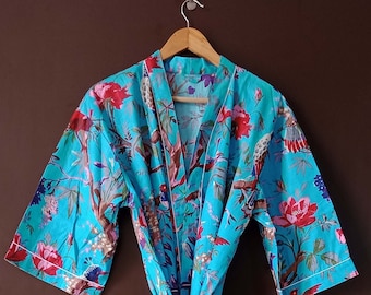 Langes Kimono-Kleid aus Baumwolle mit Vogeldruck, Kimono-Robe für Unisex Boho-Cardigan, 100% reine Baumwolle Beachwear