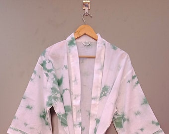 Handmade Cotton Tie & Dye Printed Sexy Bridesmaid Bathrobe Gown Long Kimono Tunic Beach Wear Bikini Cover Up Kimono