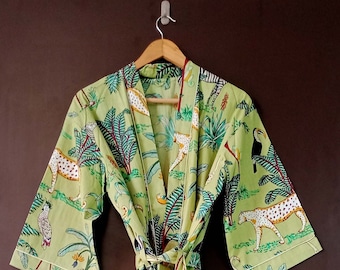 Abito kimono in cotone con stampa safari nella giungla/abito da damigella d'onore/camicia da notte/abito kimono di taglia unica/kimono unisex