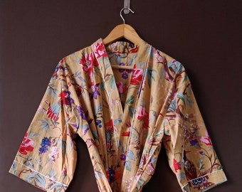 Robe kimono en coton long imprimé oiseau, robe kimono, cardigan Boho unisexe, vêtements de plage 100% pur coton