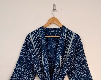 Handmade Blue Indigo Robe, Block Printed Kimono, Bath Robe, Dressing Gown,