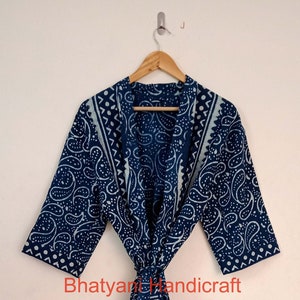 Handmade Blue Indigo Robe, Block Printed Kimono, Bath Robe, Dressing Gown,