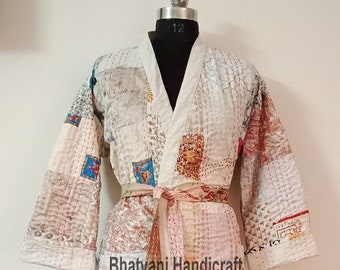 Kantha quilt jacket Women Wear Silk Patchwork Long Kimono Style Jacket Night Wear bath robe Indian Handmade Comfortable night kimono jacket