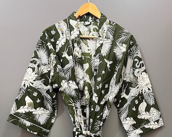 Dschungel Safari Print Baumwolle Kimono Robe|Brautjungfer Kleid|Nachthemd|Einheitsgröße Kimono Robe|Unisex Kimono