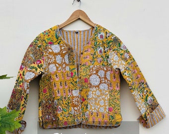 Veste matelassée indienne en tissu imprimé HandBlock Kimono court : les femmes portent un nouveau manteau à fleurs roses