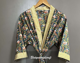 Vestaglia Kimono in cotone, vestaglia da damigella d'onore con stampa a blocchi, indumenti da notte estivi, taglia unica