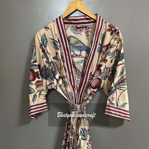 Floral Print Bridesmaid Robe, Women Cotton Kimono Robe Dressing Gown, Summer Nightwear, One Size
