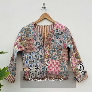 Women Short Patchwork Jacket Multi Color Hand Block Printed Cotton Quilted Jacket Handmade Winter Coat Bohemian Style Jacket