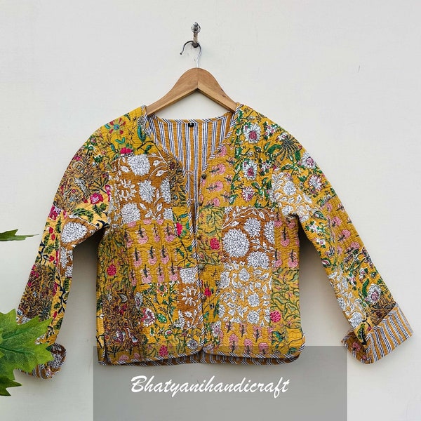 Indian HandBlock Print Fabric Quilted Jacket Short kimono Women Wear New Style Pink Flower Coat