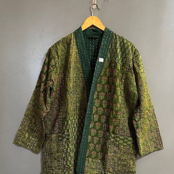 Peignoir Kantha matelassé en coton, veste Ajrak fait main en Kantha, robe de demoiselle d'honneur, tenue de soirée nuptiale, robe de chambre, robe de chambre Kantha