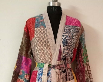 Handgefertigte Patchwork Kantha Robe, Baumwolle Kimono, Morgenmantel, Beach Wear Kimono, Nachtwäsche Kleid, Geschenk für Sie