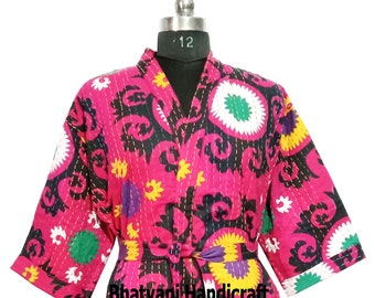 Hand Stitch Floral Print Kantha Jacket, Women Long Jacket, Kantha Coat, Dressing Gown