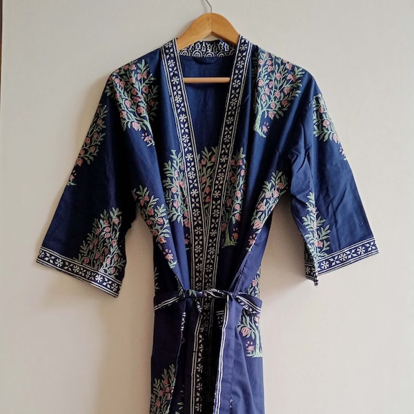 Hand Block Print Kimono, Floraler Hausmantel, Bademantel aus Baumwolle, Bikini Cover Up, Braut, die sich bereit macht Roben