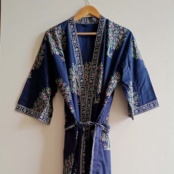 Hand Block Print Kimono, Floral Dressing Gown, Cotton Bath Robe, Bikini Cover Up, Bridal Getting Ready Robes