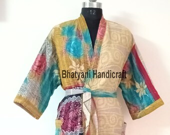 vintage Kantha Robe, Kantha Jacket, handmade vintage kantha jacket, Japanese style kantha robe, winter jacket, boho tie belt coat