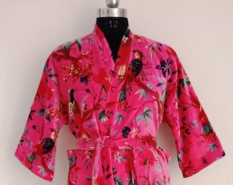 PINK Vogeldruck Samt Langer Kimono, Beach Wear Kleid, Geschenk für sie, Handgefertigte Cover up Bademäntel