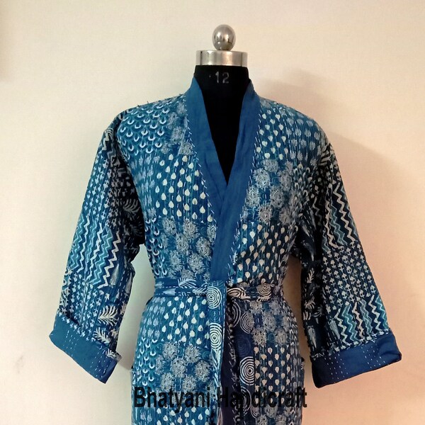 Indian Handmade Indigo Kantha Jacket, Women Wear bath robe, Unisex Kantha Coat, Comfortable Kimono Jacket