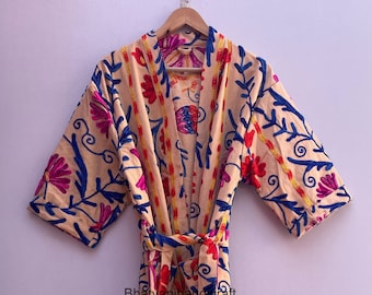 Kimono Suzani Work, peignoir brodé à la main, manteau multicolore avec ceinture à nouer, peignoir de bain, robe de chambre, robe de plage
