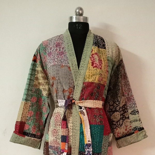 Kantha Patchwork Quilt Women Wear Quilted Coat Handmade  Kantha Quilted Jacket, bath robe, Comfortable For Winter Wear Women Kimono Jacket