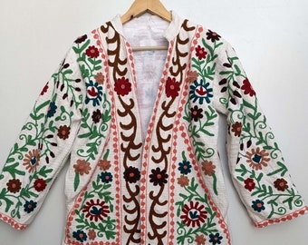 Cotton Suzani Hand Embroidery Jacket Coat, Women Wear Winter Jackets, Bridesmaid Gift, Winter Jacket, Kimono Robe, Bridesmaid Jackets