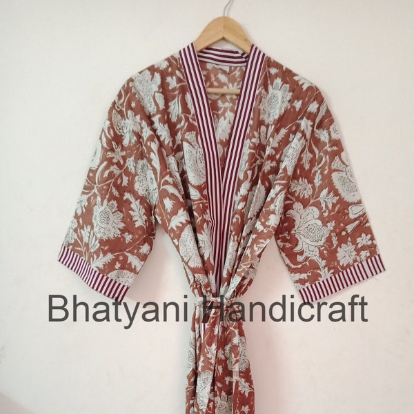 Hand Block Printed Kimono, Bridesmaid Robe, Dressing Gown, Cotton Bath Robe, Long Yukata Japanese