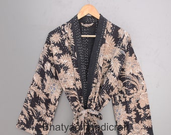 Veste kimono Kantha à imprimé floral de style indien, vêtements d'hiver, manteau en coton, vêtements de nuit, vêtements d'hiver, robe de peignoir