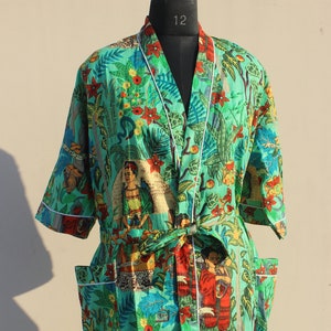 Cotton Kimono Robe Dressing Gown, Block Print Bridesmaid Robe, Summer Nightwear, One Size