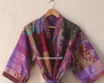 Silk Kantha Patchwork Print Beach Short Kimono Gown Ethnic Women Wear Bathrobe Jacket Maxi Gown Dress Coats